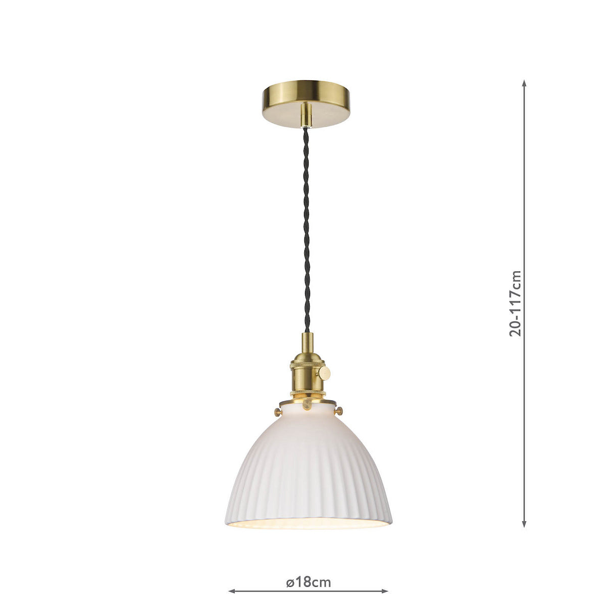 White fluted ceramic pendant light with brass fittings and a black braided cord. Dimensions shown.