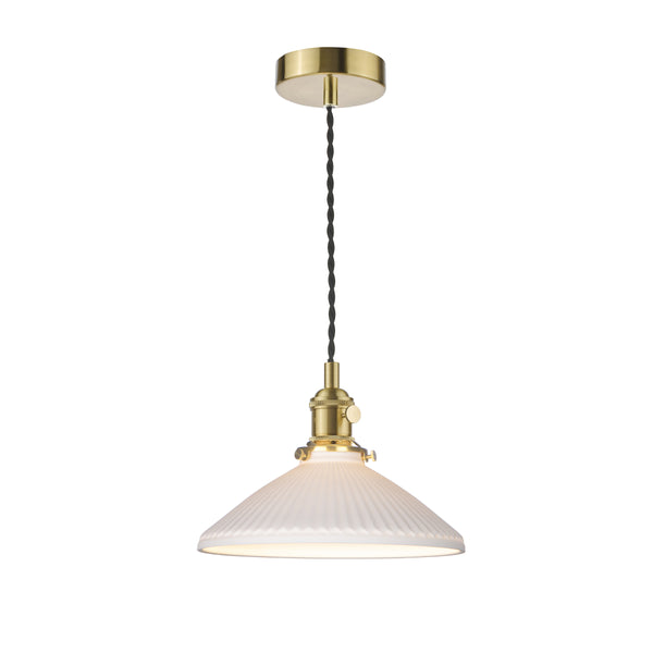 A brass ceiling rose with a black braided cable leading to a brass lamp holder and a white fluted glass shade.