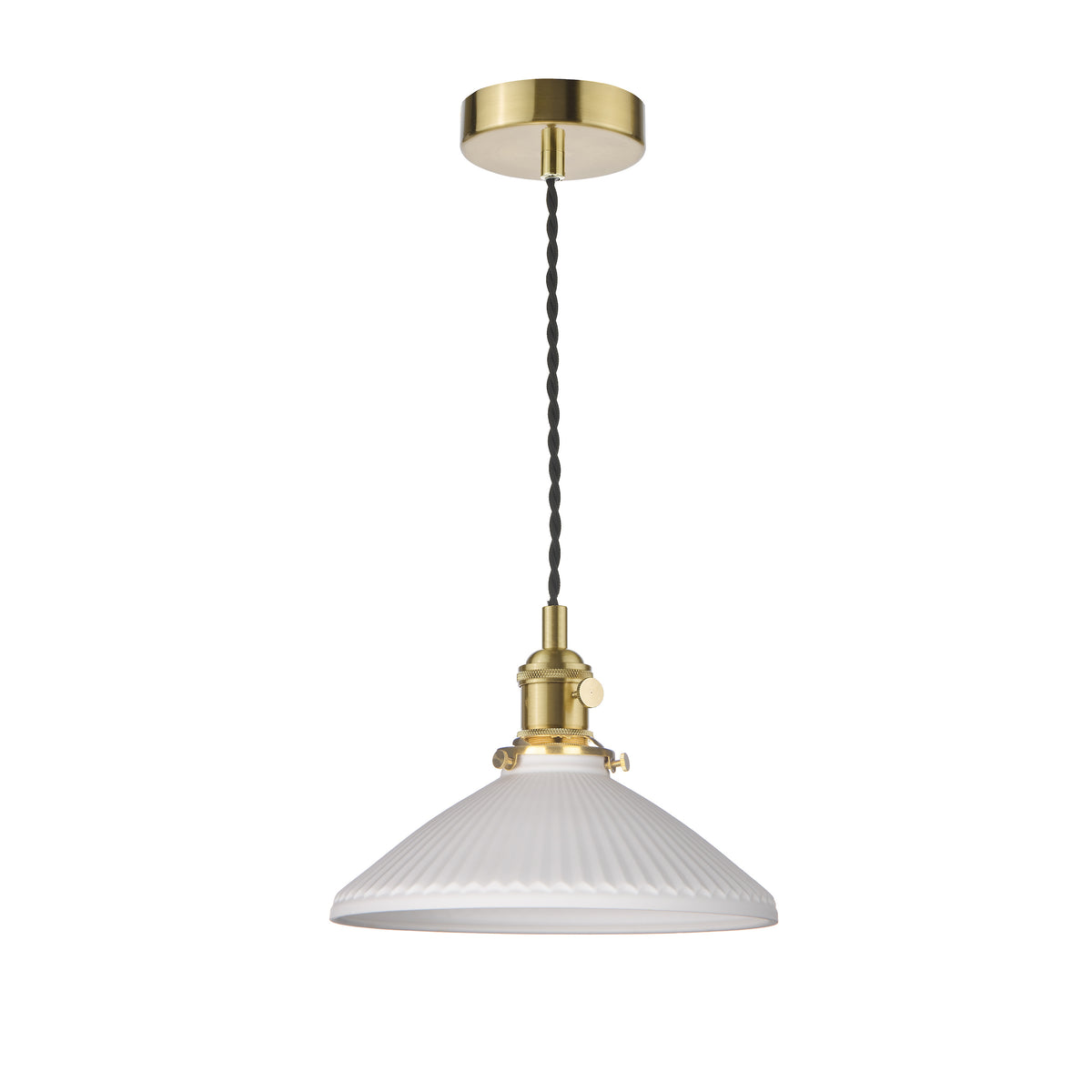 Brass pendant light with a white, ribbed, conical shade.