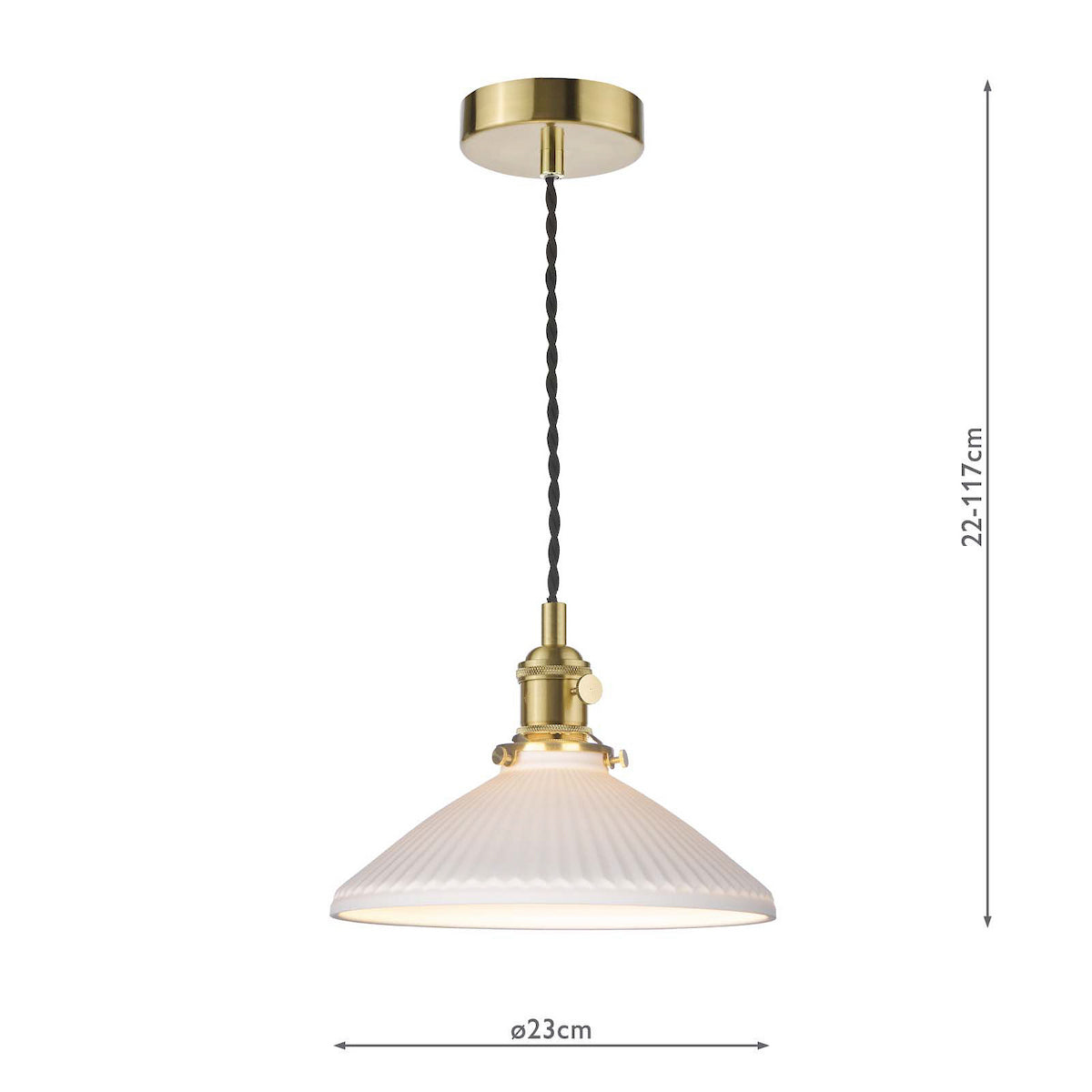 A brass pendant light with a white fluted glass shade, showing dimensions of 22-117cm height and 23cm diameter. 