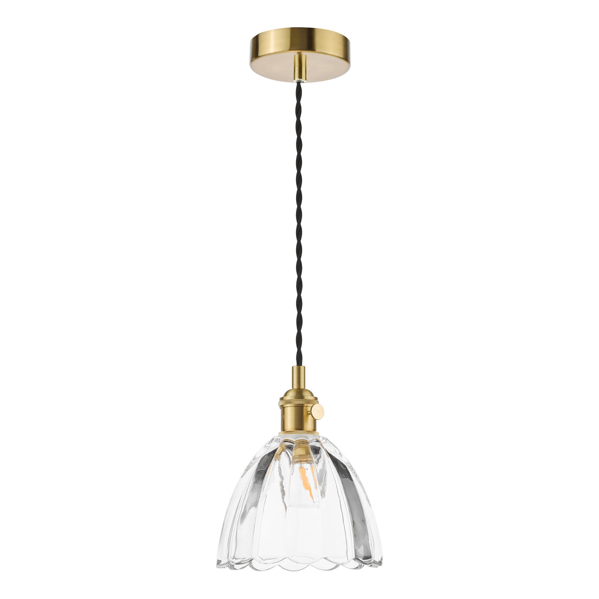 Brass pendant light with a clear, fluted glass shade and an exposed filament bulb.
