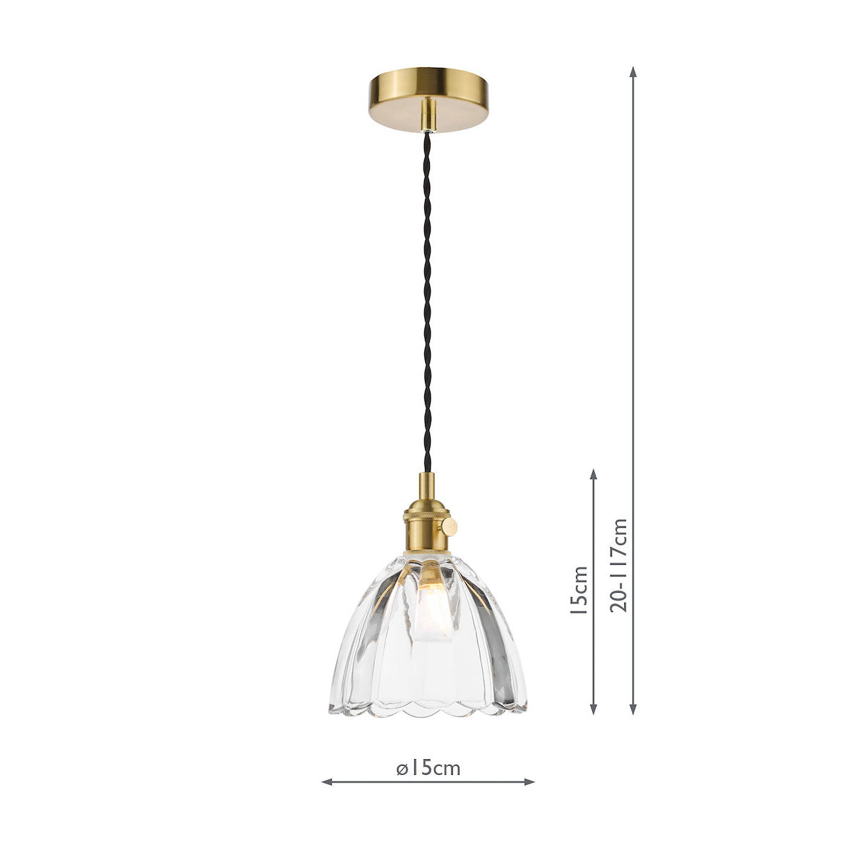 Brass pendant light with a clear fluted glass shade, showing dimensions of 15cm diameter and 20-117cm height. 