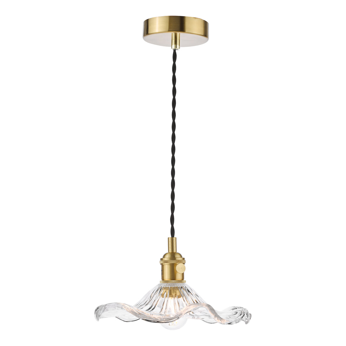 Brass pendant light with a clear, wavy glass shade and a visible bulb.