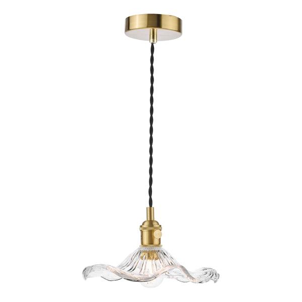Brass pendant light with a clear, wavy glass shade and a visible bulb.