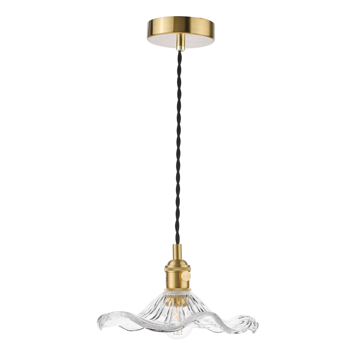 Brass pendant light with a clear, wavy glass shade and exposed bulb.