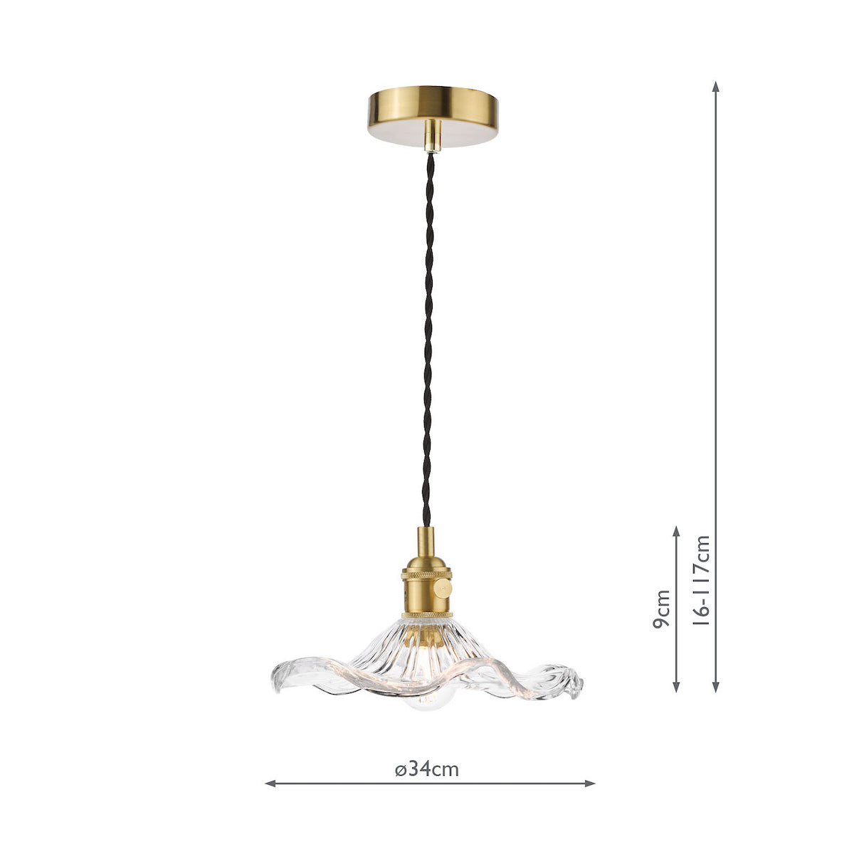 A brass pendant light with a clear, wavy glass shade and a black braided cord, shown with dimensions.
