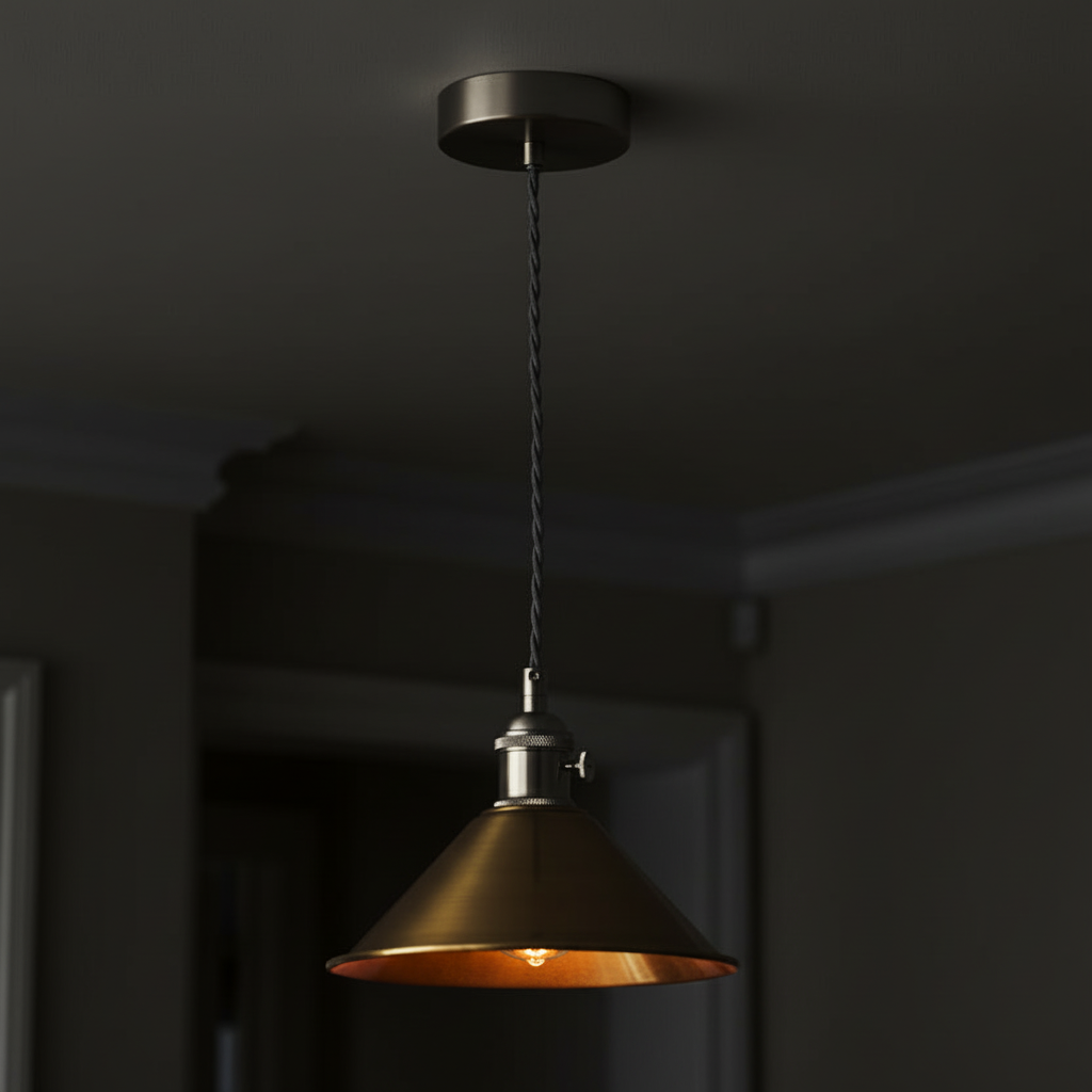 Hadano Single Drop Pendant In Antique Chrome with Aged Brass Shade