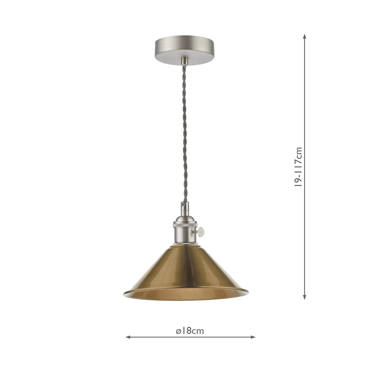 A brushed brass pendant light with a conical shade, grey braided cable, and a satin nickel ceiling rose. 