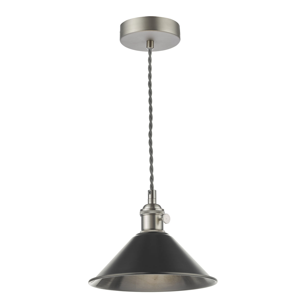 Satin nickel ceiling pendant with a black conical shade and grey braided cable.
