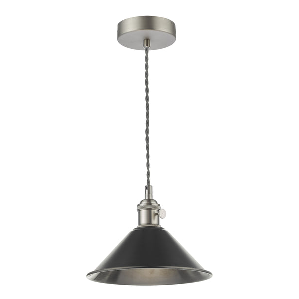 Satin nickel ceiling pendant with a black conical shade and grey braided cable.