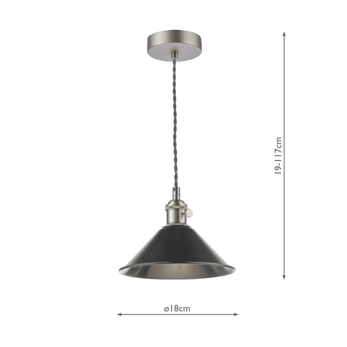Black and silver industrial style pendant light with a braided cord and exposed bulb holder.