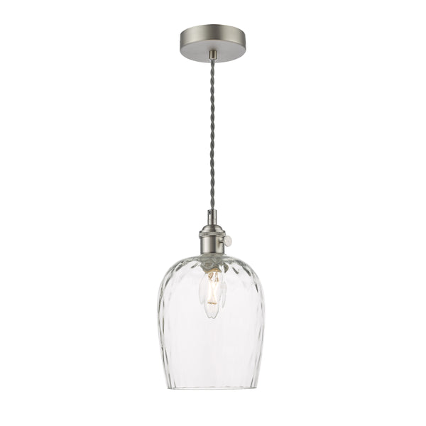 A clear glass pendant light with a textured surface and a brushed nickel fixture, hanging from a braided cord.