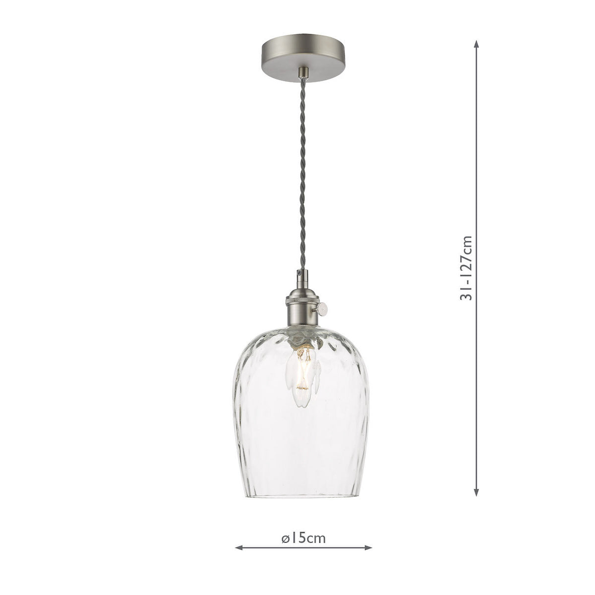 Brushed chrome pendant light with a textured clear glass shade and exposed bulb. Dimensions included.