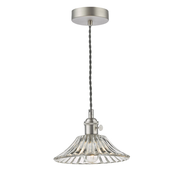 Brushed steel ceiling pendant with a clear, fluted glass shade and a visible bulb.