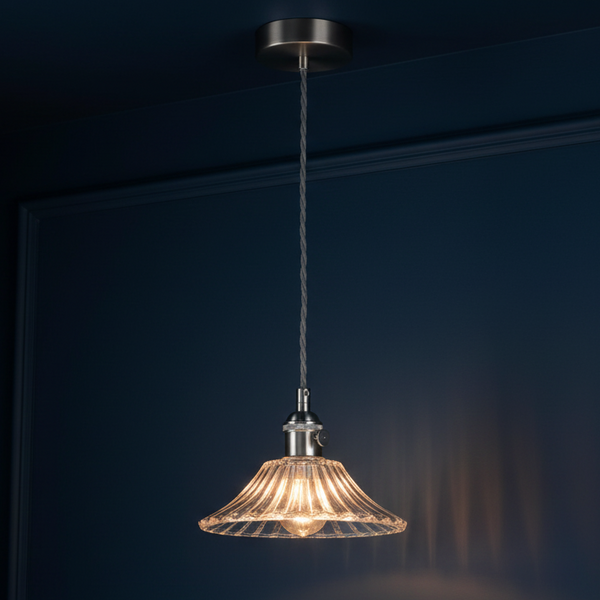 Hadano Single Drop Pendant In Antique Chrome with Clear Flared Glass Shade