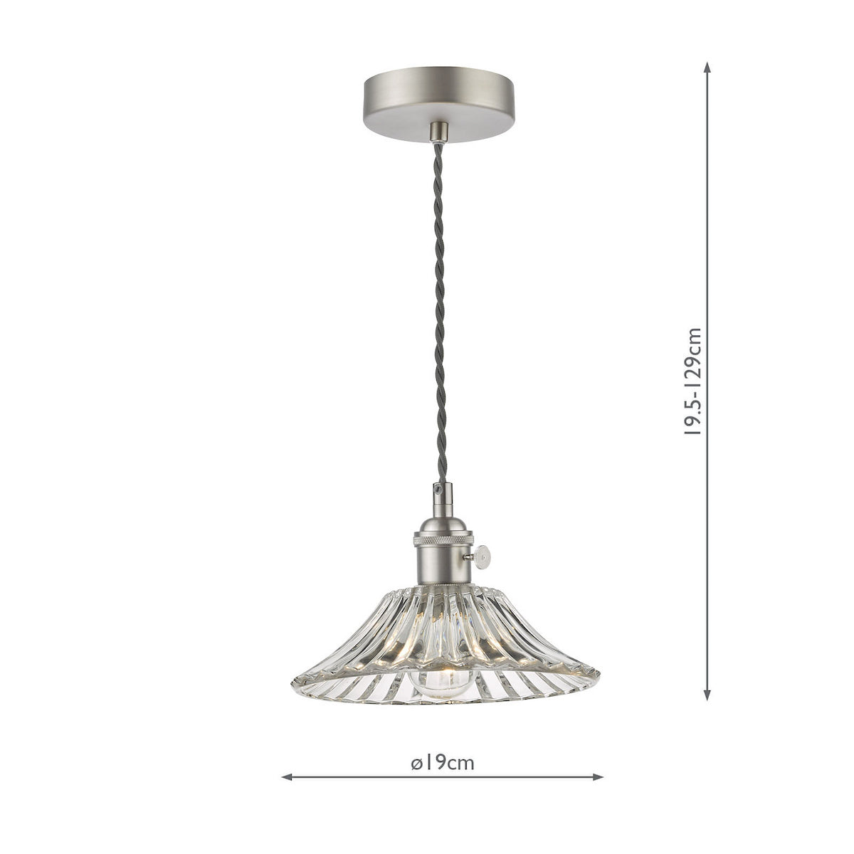 Clear ribbed glass pendant light with brushed chrome fittings and a grey braided cable. 19.5-129cm tall.