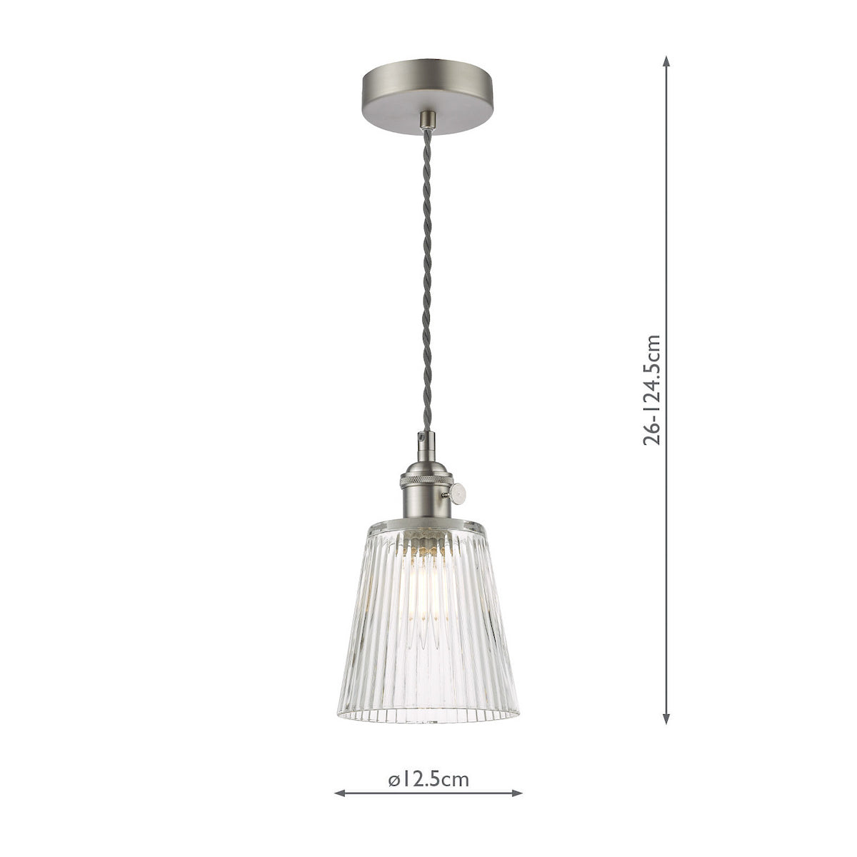 Brushed chrome pendant light with a clear fluted glass shade and visible filament bulb. It measures 26-124.5cm high and 12.5cm wide.