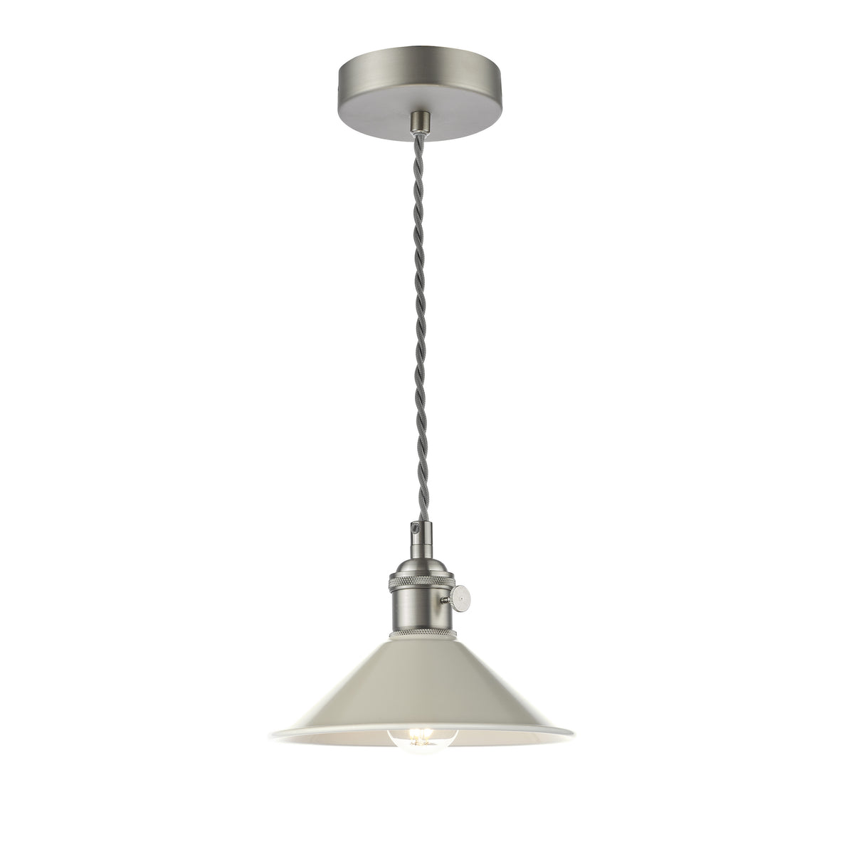 Satin nickel ceiling pendant with a grey braided cable and a cream metal shade.