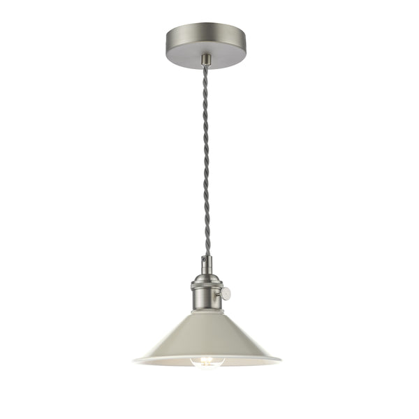 Satin nickel ceiling pendant with a grey braided cable and a cream metal shade.