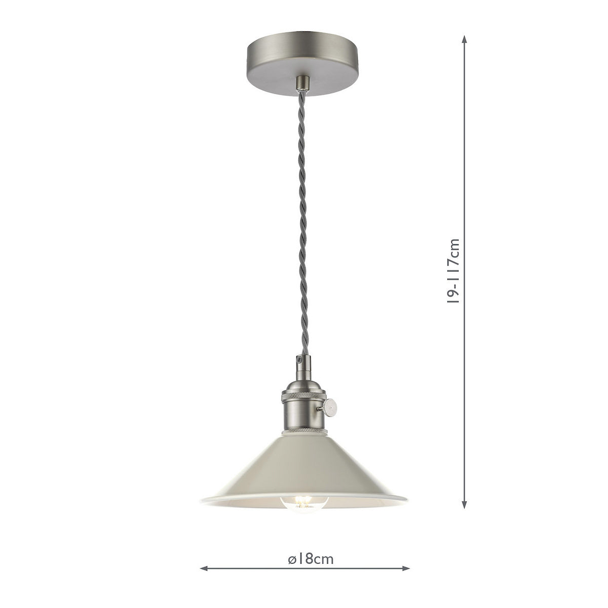 Cream metal pendant light with a brushed steel fitting and grey braided cable. Dimensions are 19-117cm H x 18cm W.