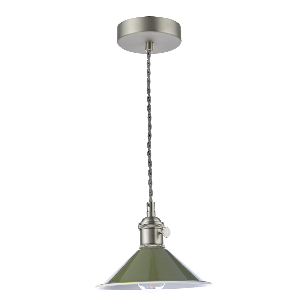 Green enamel pendant light with a brushed steel ceiling rose and grey twisted cable.