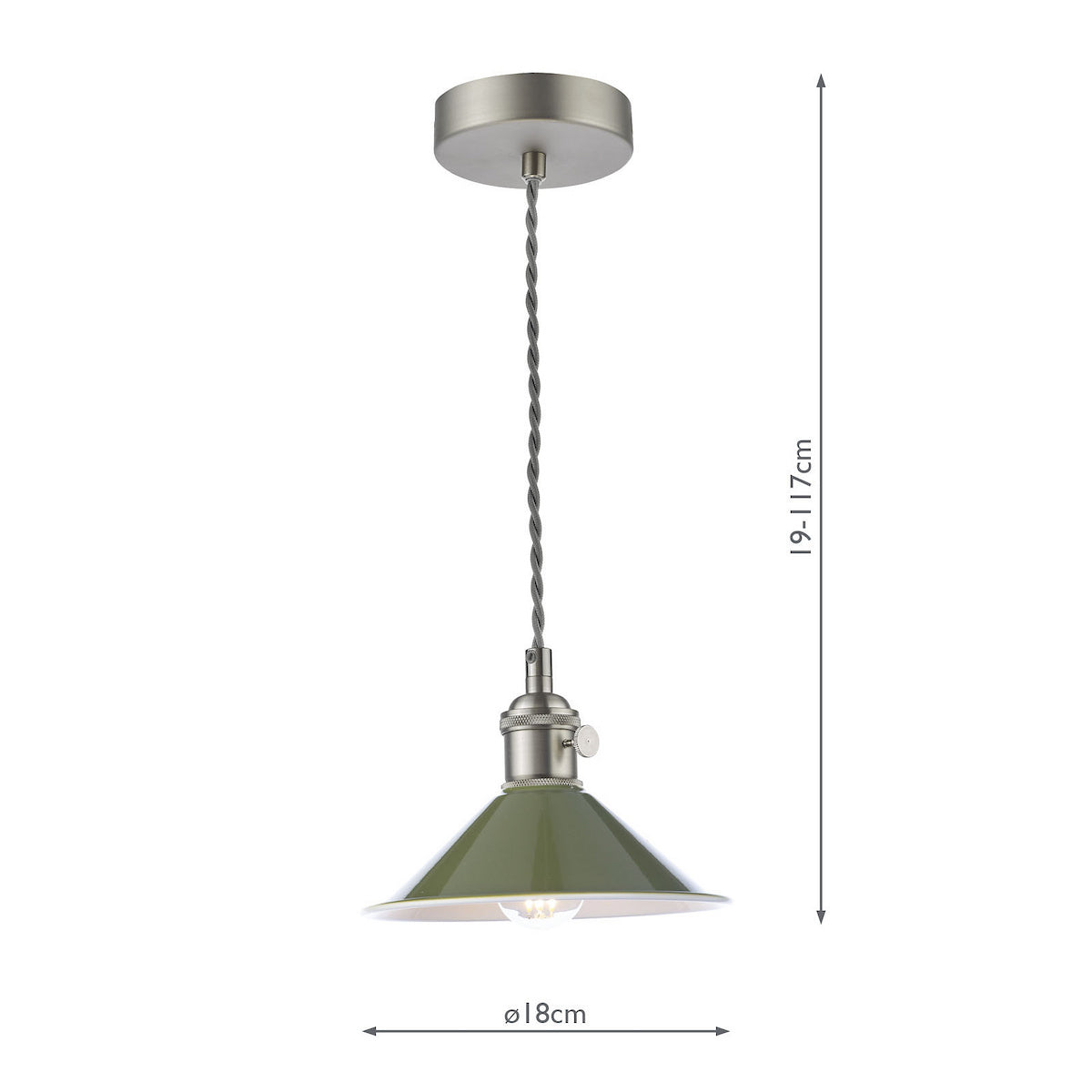Green pendant light with a brushed steel ceiling rose and lamp holder. The light has a braided grey cable.