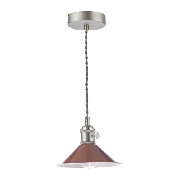 A modern ceiling light with a brushed metal base, twisted grey cord, and a rust-colored conical shade.
