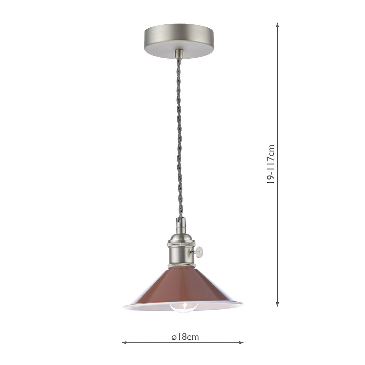 A brushed chrome ceiling rose with a grey braided cable leading to a brown metal shade. The shade is 18cm wide and the cable length is adjustable from 19-117cm. A clear bulb is visible inside the shade.