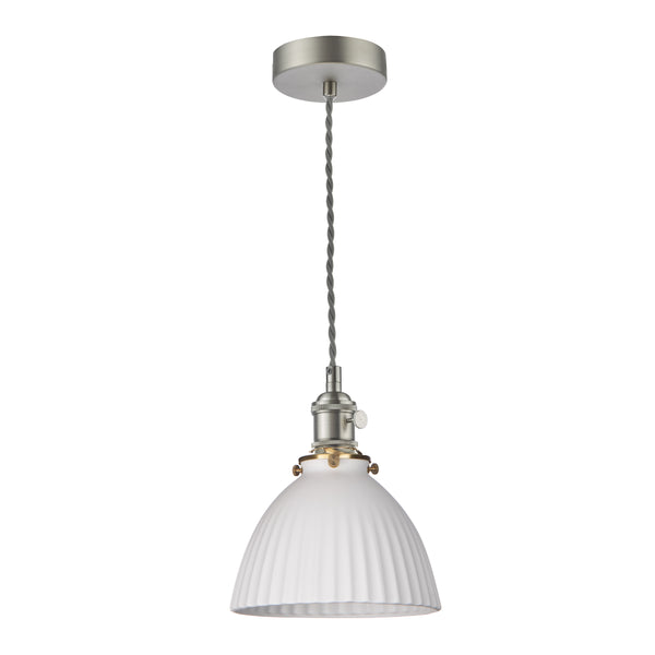 White fluted glass pendant light with a brushed nickel fixture and a grey braided cord.
