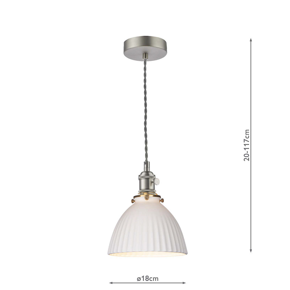 White fluted glass pendant light with brushed chrome fittings and grey braided cable. Dimensions shown.