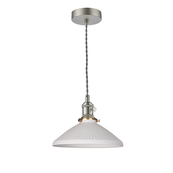 White fluted glass shade pendant light with a brushed nickel fixture and grey braided cord.
