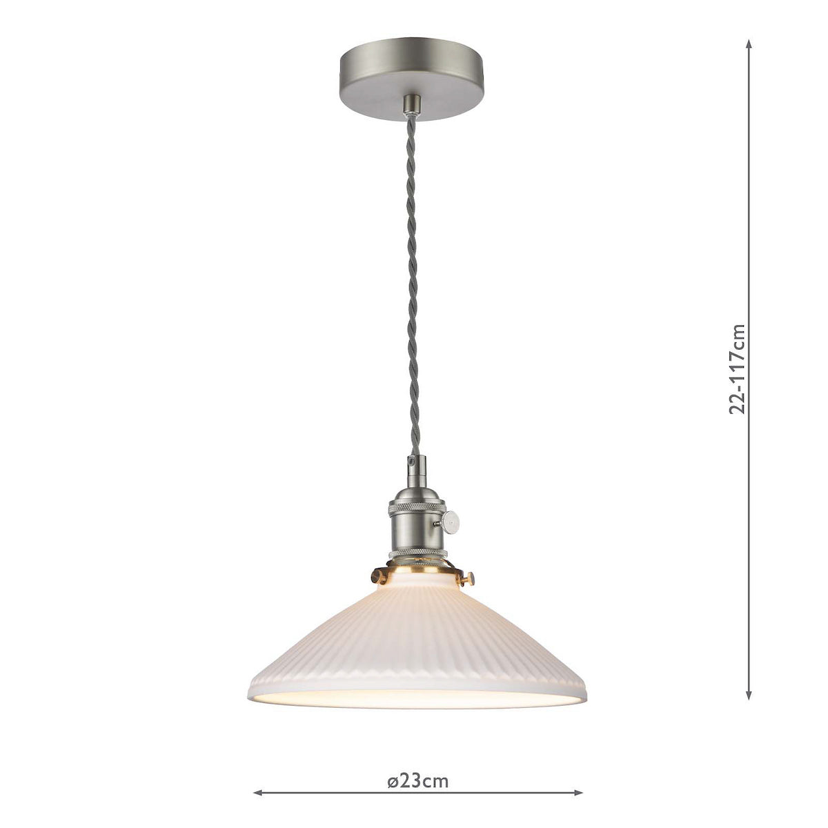 White fluted glass pendant light with brushed steel fittings and a grey braided cable. Measures 23cm wide.