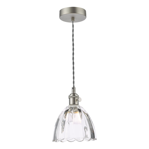 Clear glass fluted pendant light with a brushed nickel ceiling rose and grey braided cable.