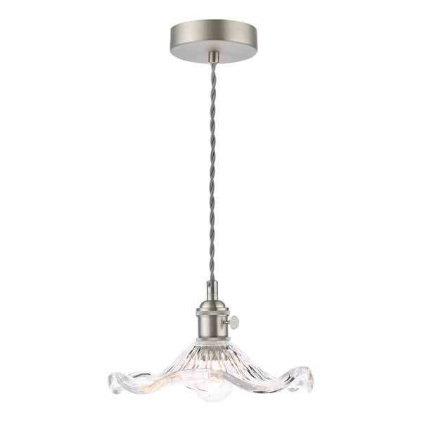 Brushed nickel pendant light with a clear, wavy glass shade and exposed bulb.