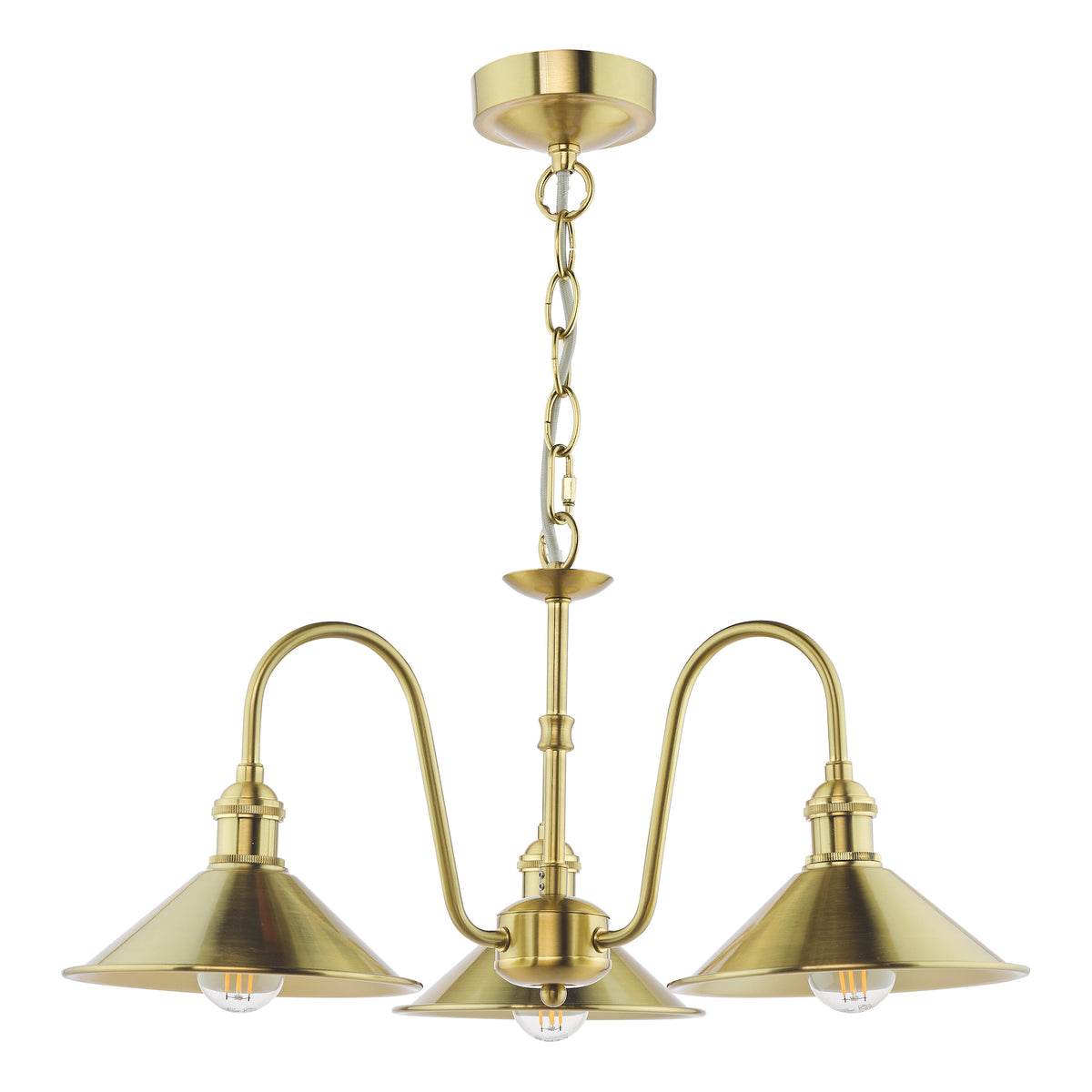 Three-light brass chandelier with cone-shaped shades and exposed filament bulbs, hanging from a chain.