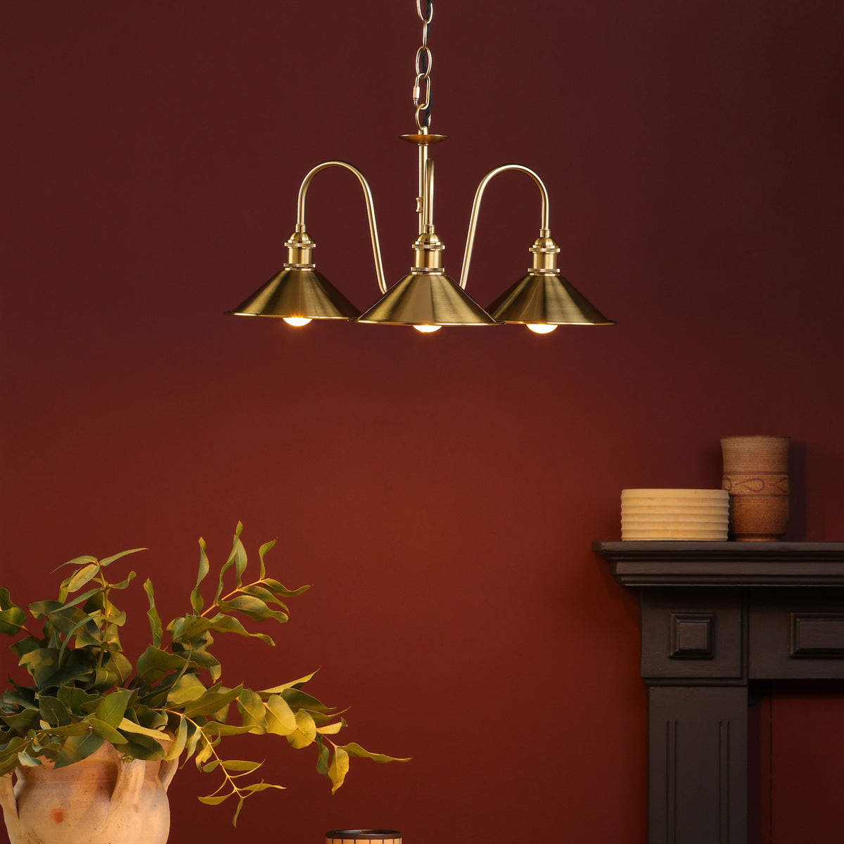 A three-light brass chandelier hangs from a chain against a deep red wall. A plant is in the foreground.