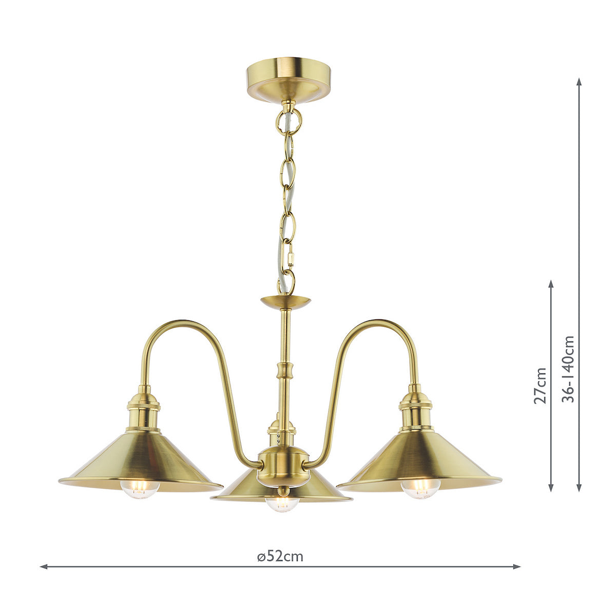 A three-light brass chandelier with conical shades and exposed bulbs, showing dimensions of 52cm width and 36-140cm height.