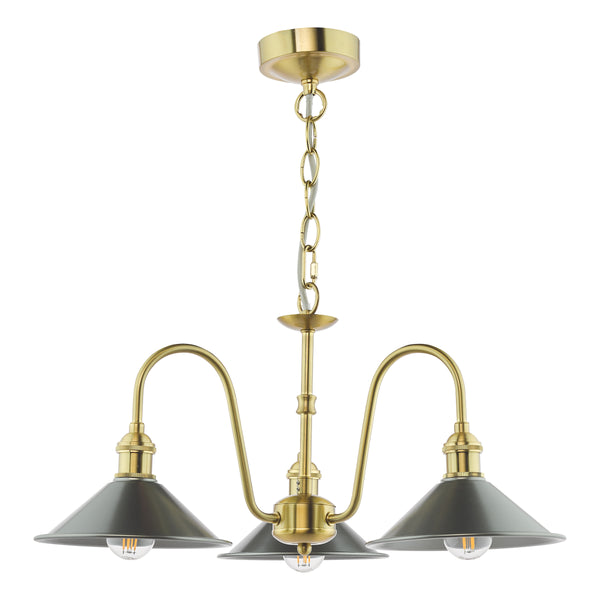 A brass chandelier with three dark grey conical shades, each holding an exposed filament bulb.
