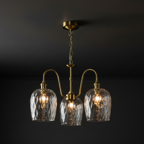 Hadano Three Light Pendant In Natural Brass with Clear Dimpled Glass Shades