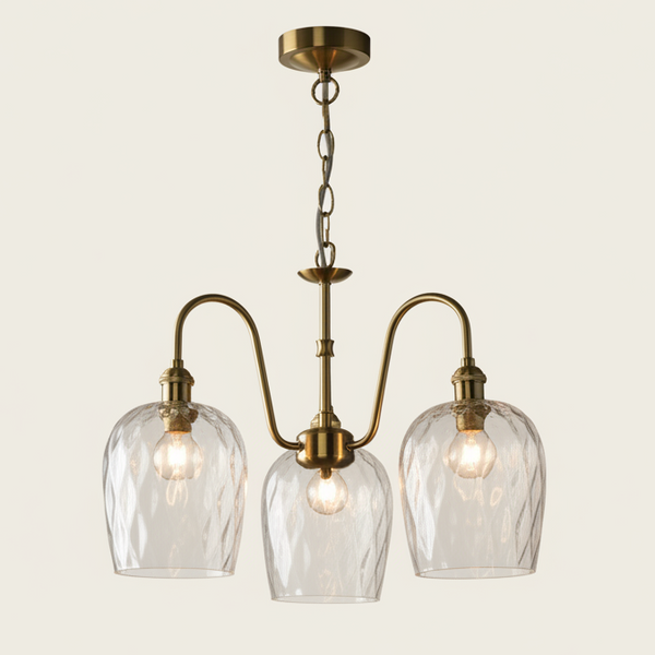 Hadano Three Light Pendant In Natural Brass with Clear Dimpled Glass Shades