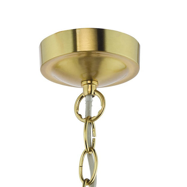 Brass chandelier with three clear, textured glass shades and exposed filament bulbs.