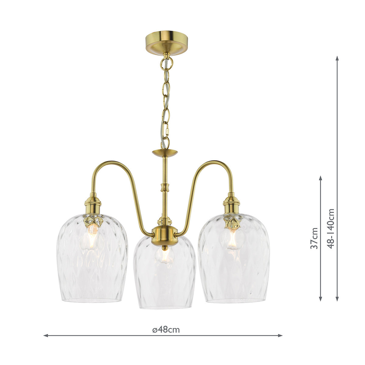Brass chandelier with three textured glass shades, showing dimensions of 48cm width and 48-140cm height.