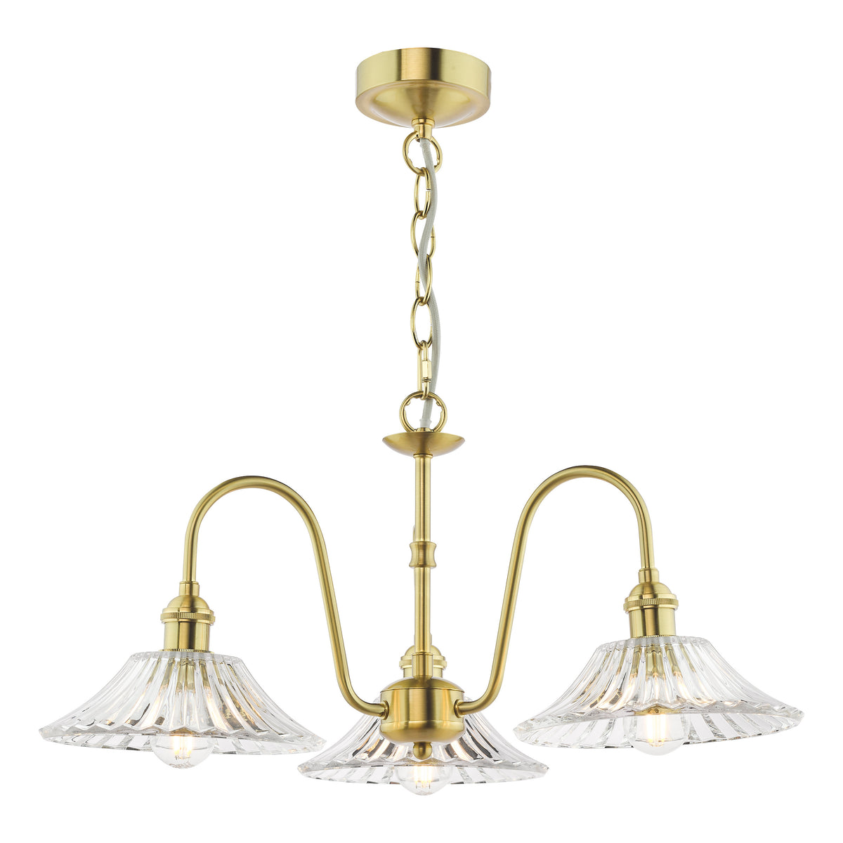 Three-light brass chandelier with ribbed glass shades, hanging from a chain.