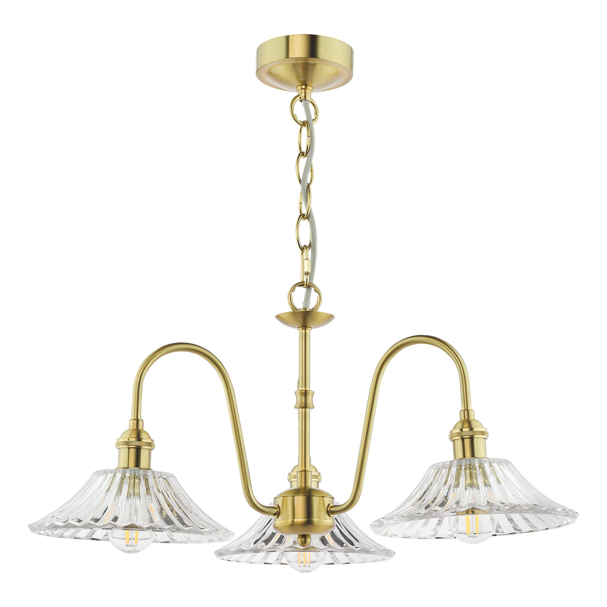 Brass chandelier with three ribbed glass shades, each holding an exposed filament bulb. 