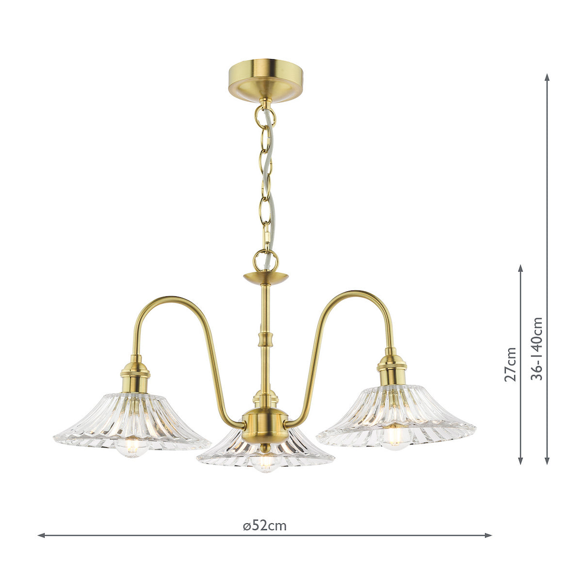 Three-light chandelier with brass finish and fluted glass shades, showing dimensions.