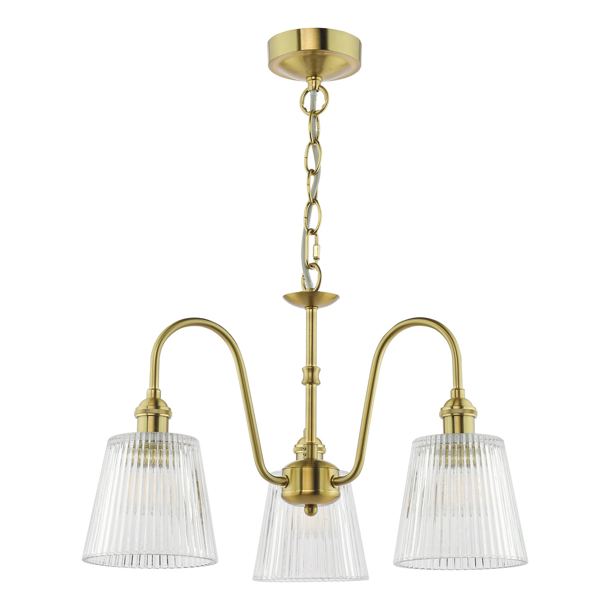 Three-light chandelier with ribbed glass shades and a brass finish on a white background.