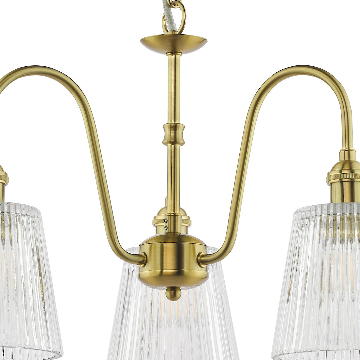 Hadano Three Light Pendant In Natural Brass with Clear Ribbed Glass Shades