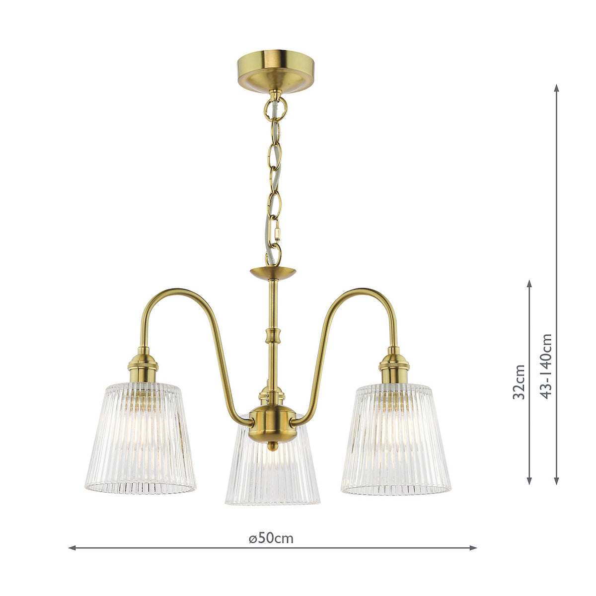 A brass chandelier with three fluted glass shades, showing dimensions of 50cm width and 43-140cm height.
