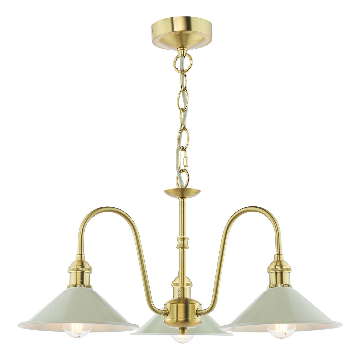 Brass chandelier with three light green conical shades and exposed bulbs.