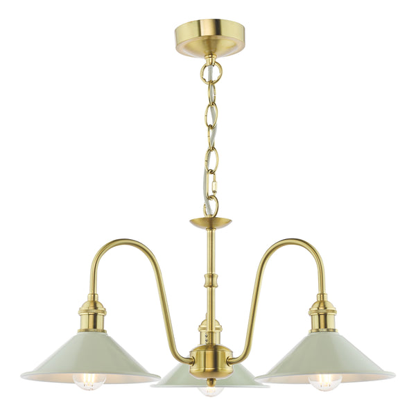 Brass chandelier with three light green conical shades and exposed bulbs.